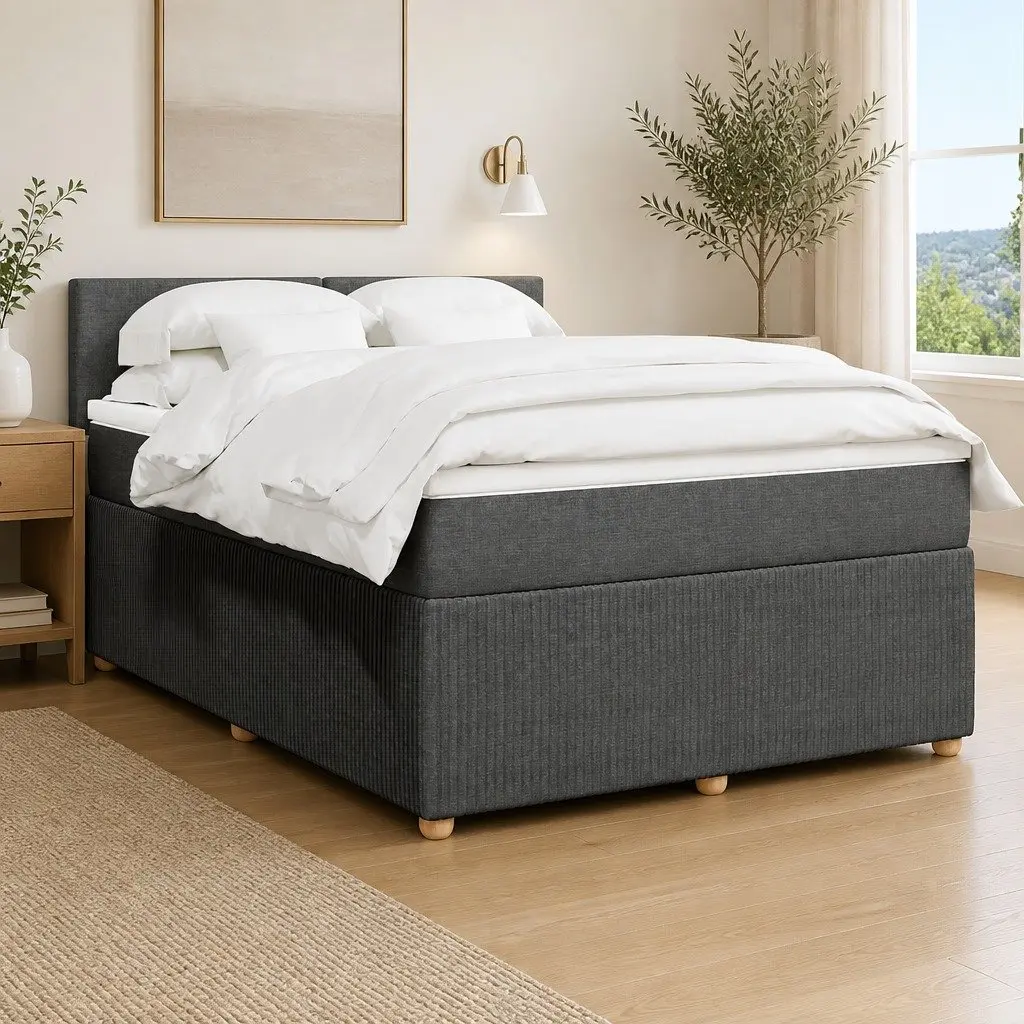 Queen Box Spring Bed with Mattress Dark Grey Fabric Bed Frame LED Lights