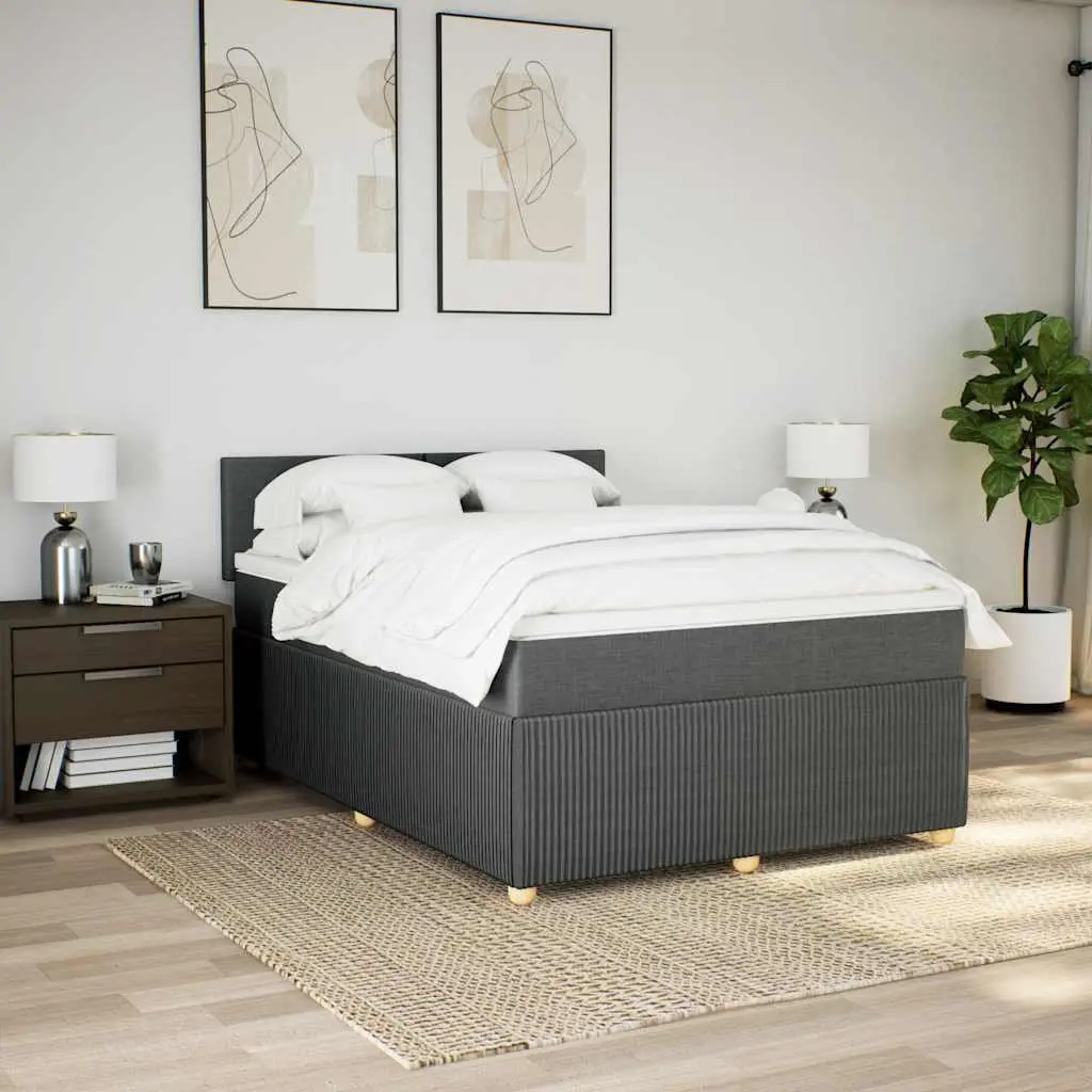 Queen Box Spring Bed with Mattress Dark Grey Fabric Bed Frame LED Lights