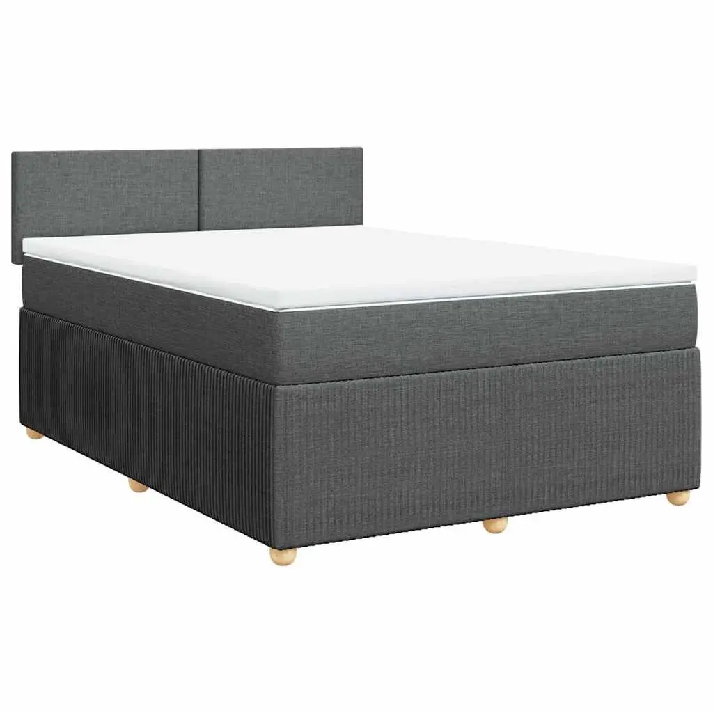 Queen Box Spring Bed with Mattress Dark Grey Fabric Bed Frame LED Lights