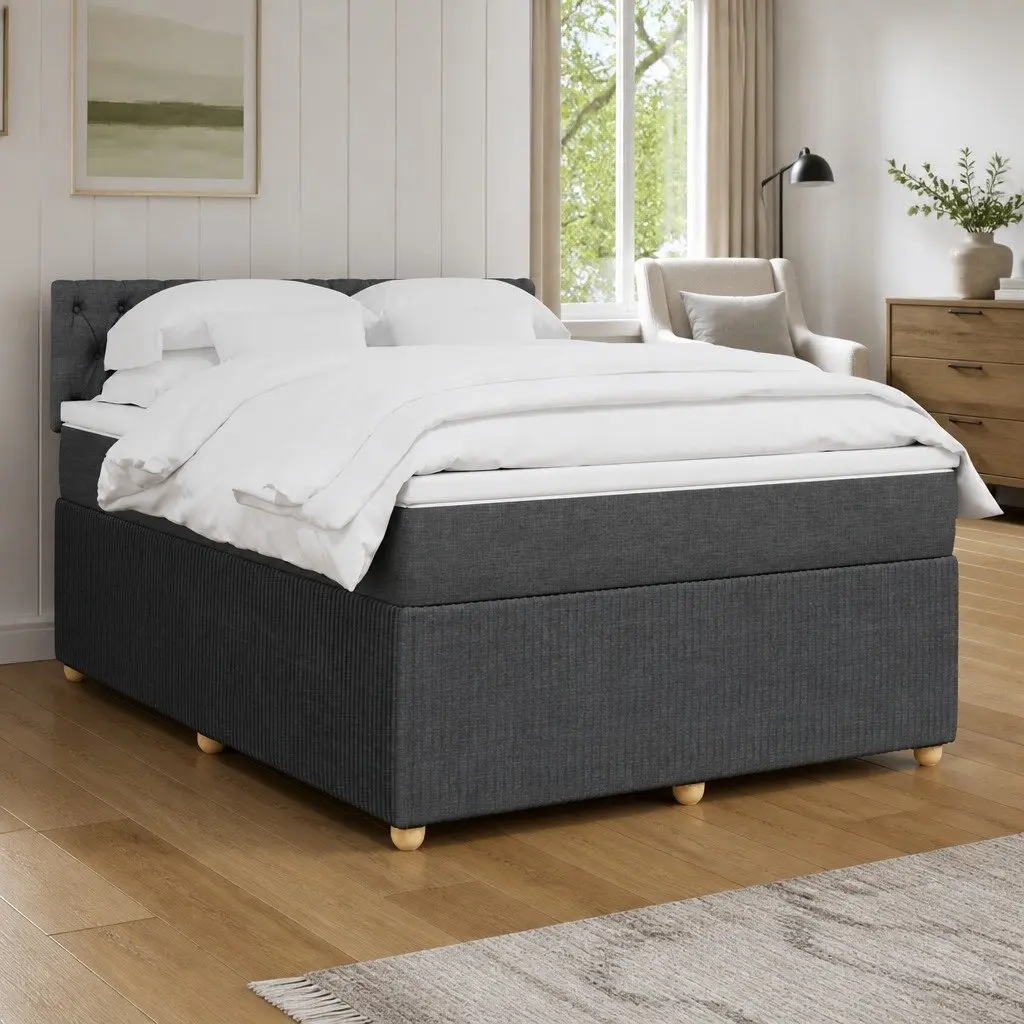 Queen Box Spring Bed Pocket Spring Mattress LED Lights Grey Fabric