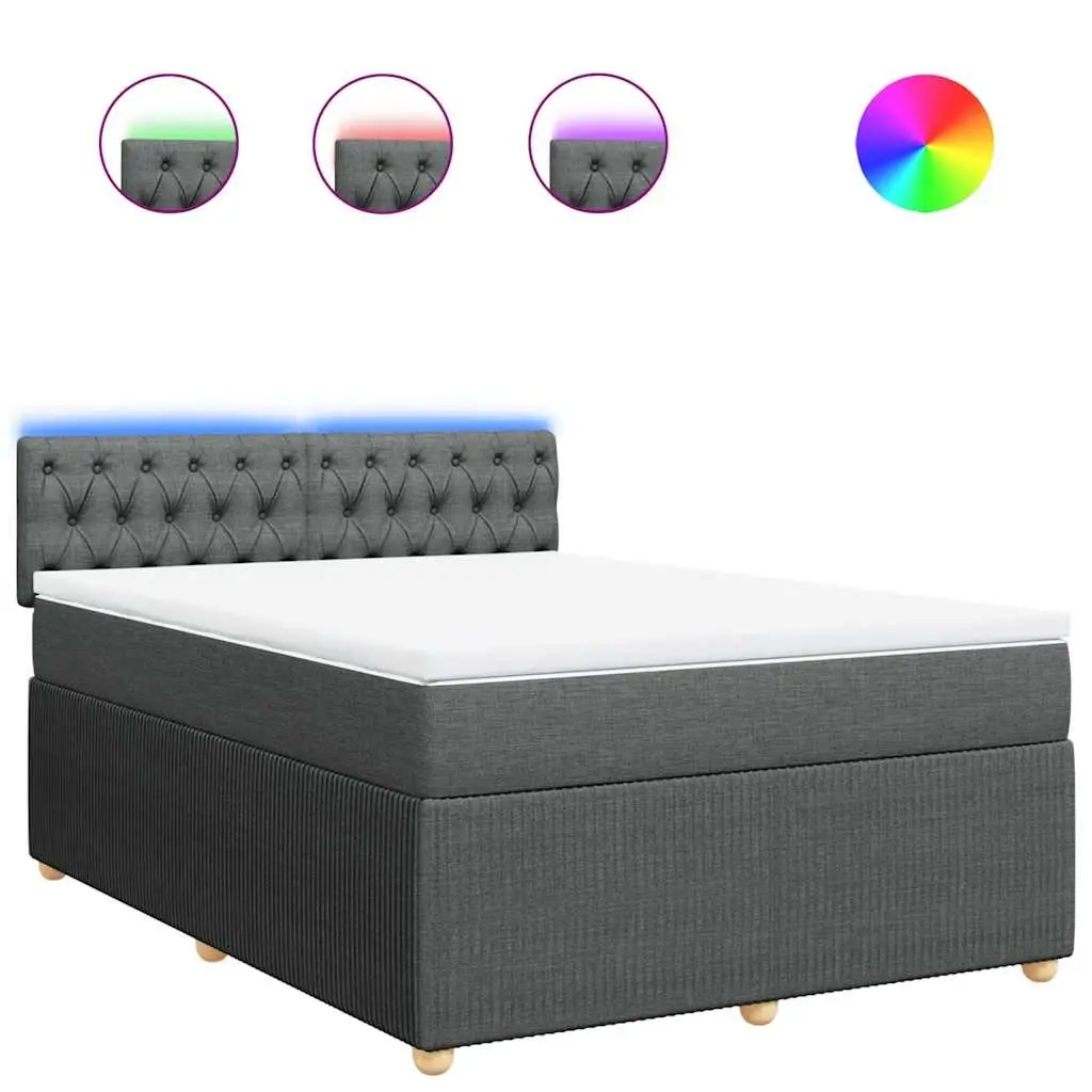 Queen Box Spring Bed Pocket Spring Mattress LED Lights Grey Fabric