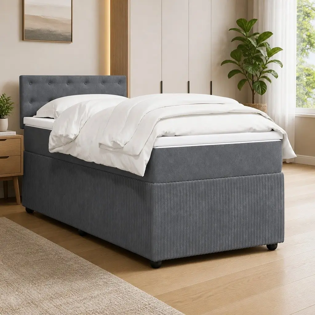 King Single Box Spring Bed with Pocket Spring Mattress LED Lights Grey Velvet