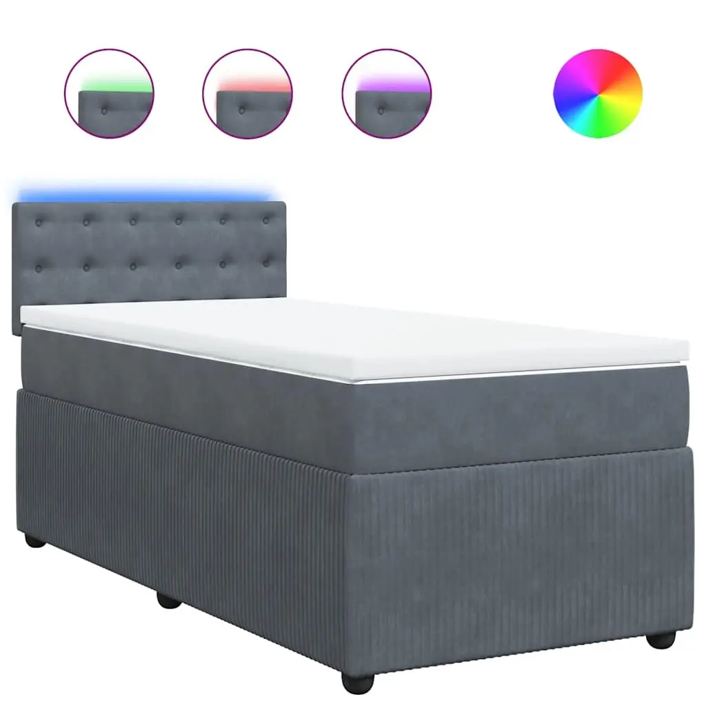 King Single Box Spring Bed with Pocket Spring Mattress LED Lights Grey Velvet
