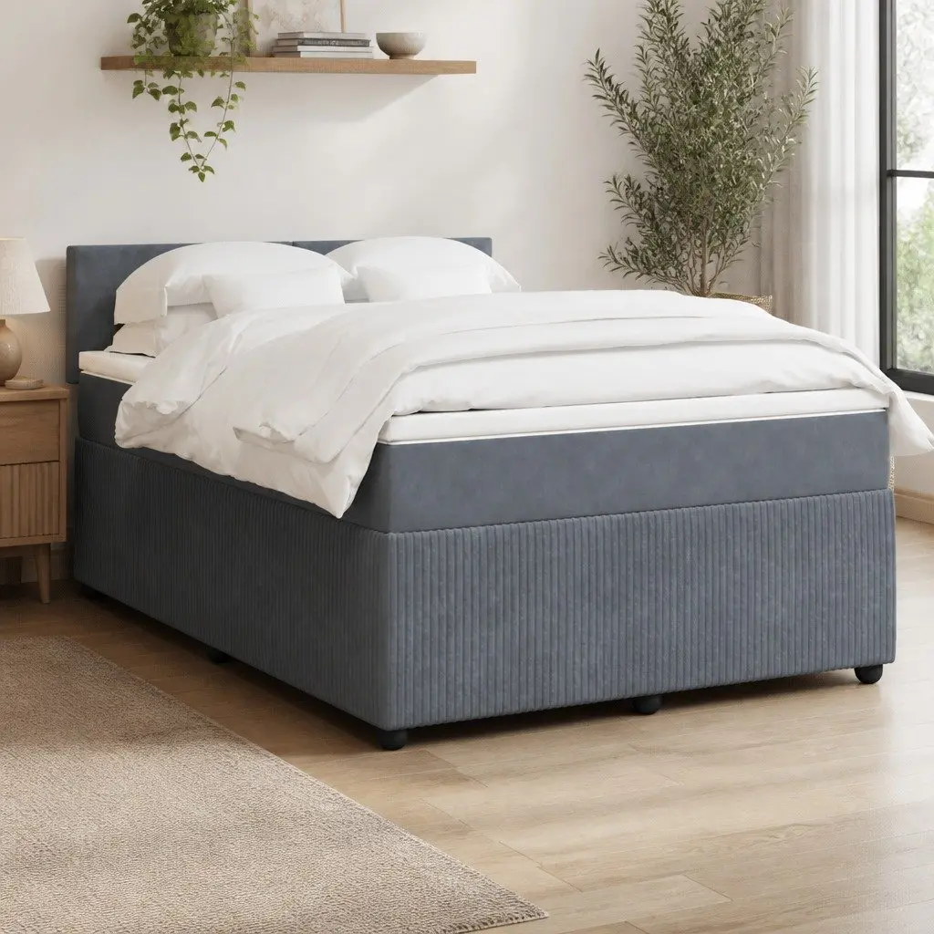 Queen Velvet Upholstered Bed with Pocket Spring Mattress and Adjustable LED Lights in Grey