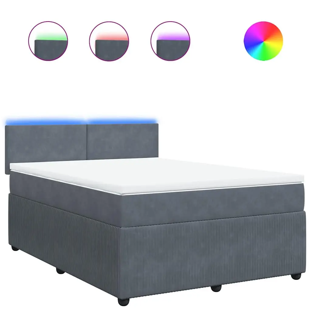 Queen Velvet Upholstered Bed with Pocket Spring Mattress and Adjustable LED Lights in Grey