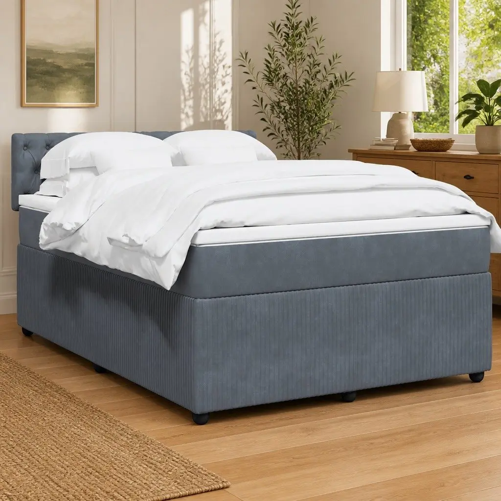Pocket Spring Mattress Bed with Adjustable LED Lights Queen Size Grey Velvet Frame