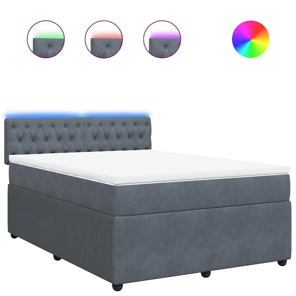 Pocket Spring Mattress Bed with Adjustable LED Lights Queen Size Grey Velvet Frame