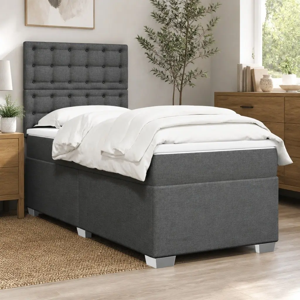 King Single Box Spring Bed with Pocket Mattress Height Adjustable Headboard Grey