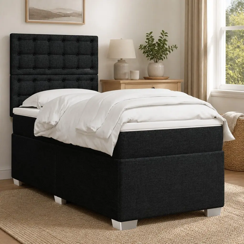 Box Spring Bed Pocket Mattress King Single Height-Adjustable Headboard Black