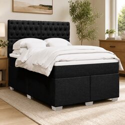 Double Box Spring Bed with Pocket Mattress Height Adjustable Headboard Black