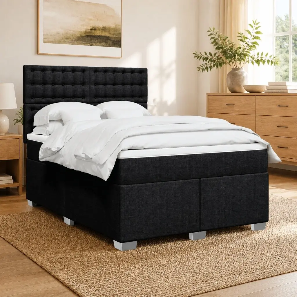 Double Box Spring Bed with Pocket Spring Mattress Black Fabric Adjustable