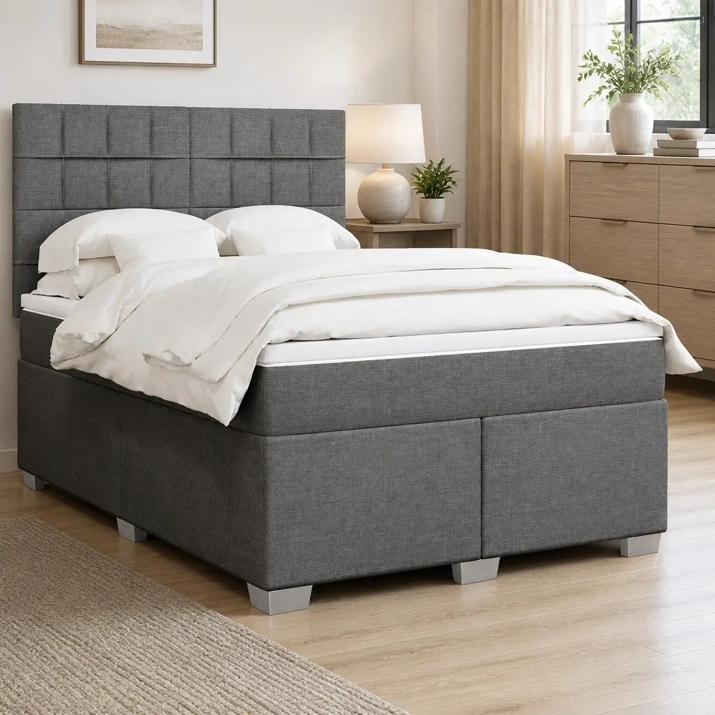 Queen Box Spring Bed with Mattress and Headboard
