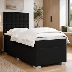 King Single Box Spring Bed with Pocket Mattress Black Faux Leather Adjustable