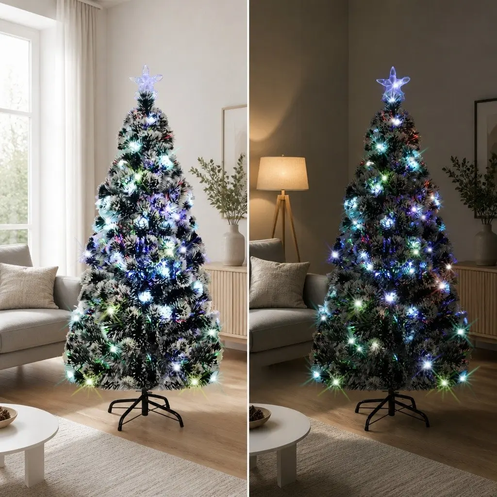 Artificial Christmas Tree Pre-lit Fibre Optic 210cm Green with White Branches LED Lights