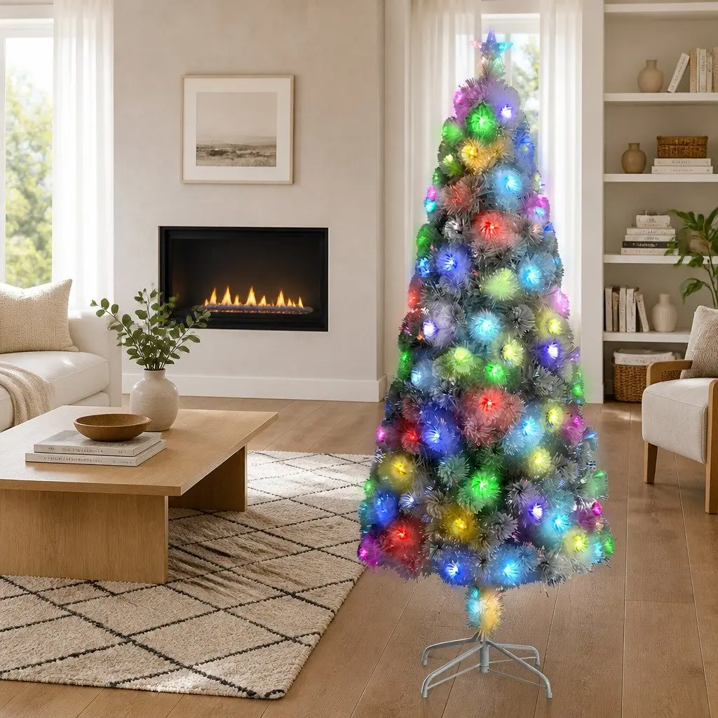 Artificial Christmas Tree Pre-lit 210cm White LED Fibre Optic Decoration