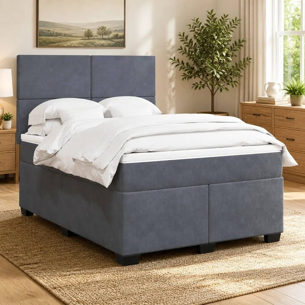Box Spring Bed Pocket Spring Mattress Double Dark Grey Velvet Headboard