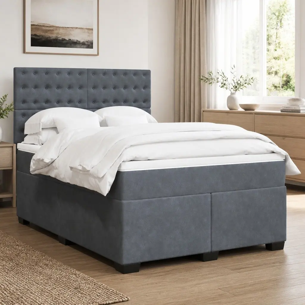 Double Box Spring Bed Pocket Sprung Mattress Adjustable Headboard Grey Velvet
