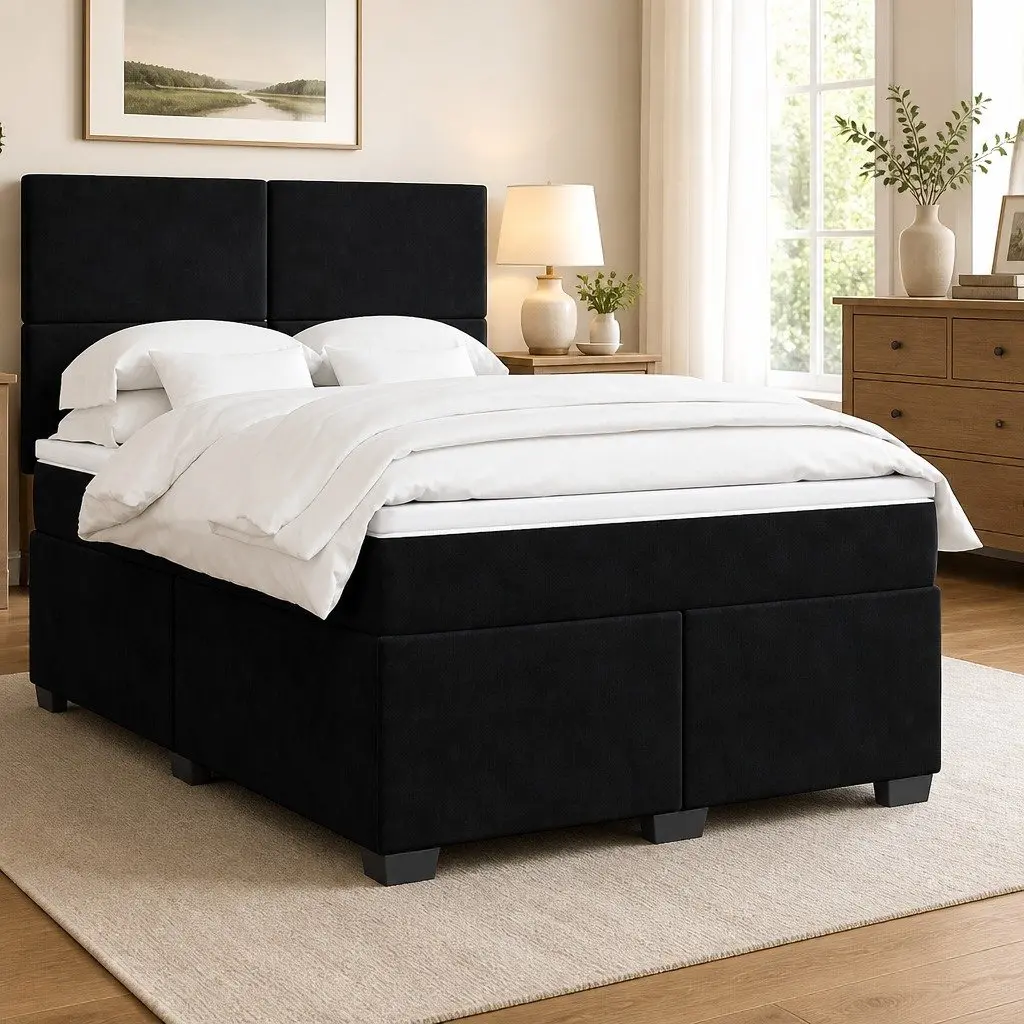 Queen Bed with Adjustable Height Headboard Black Velvet Pocket Spring Mattress