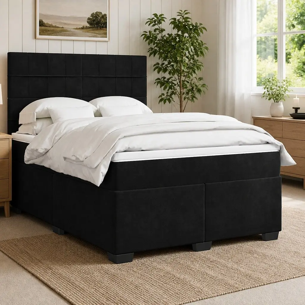 Queen Box Spring Bed with Pocket Sprung Mattress Black Velvet Adjustable