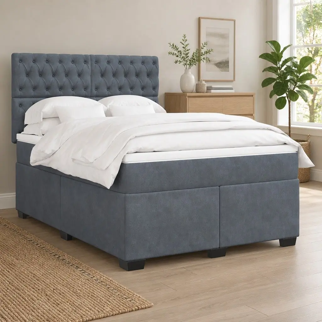 Queen Bed Frame Grey Velvet Adjustable Headboard Pocket Spring Mattress