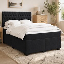 Queen Box Spring Bed with Pocket Mattress Black Velvet Adjustable Headboard