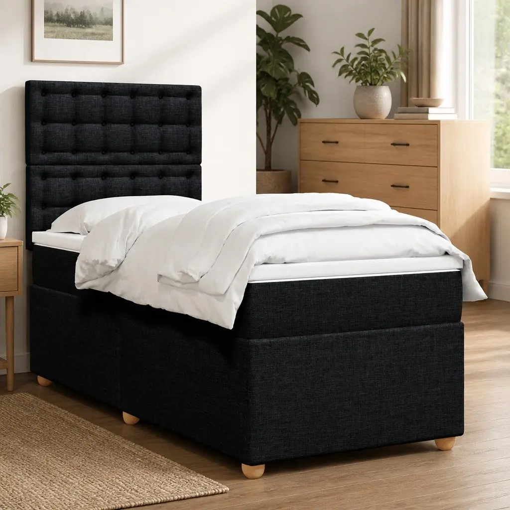 Box Spring Bed Pocket Mattress King Single Height-Adjustable Headboard Black