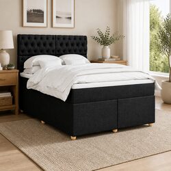 Double Box Spring Bed with Pocket Spring Mattress Black Fabric Adjustable