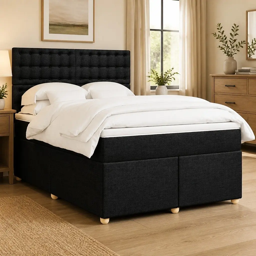 Double Bed Frame with Pocket Spring Mattress Adjustable Headboard Black