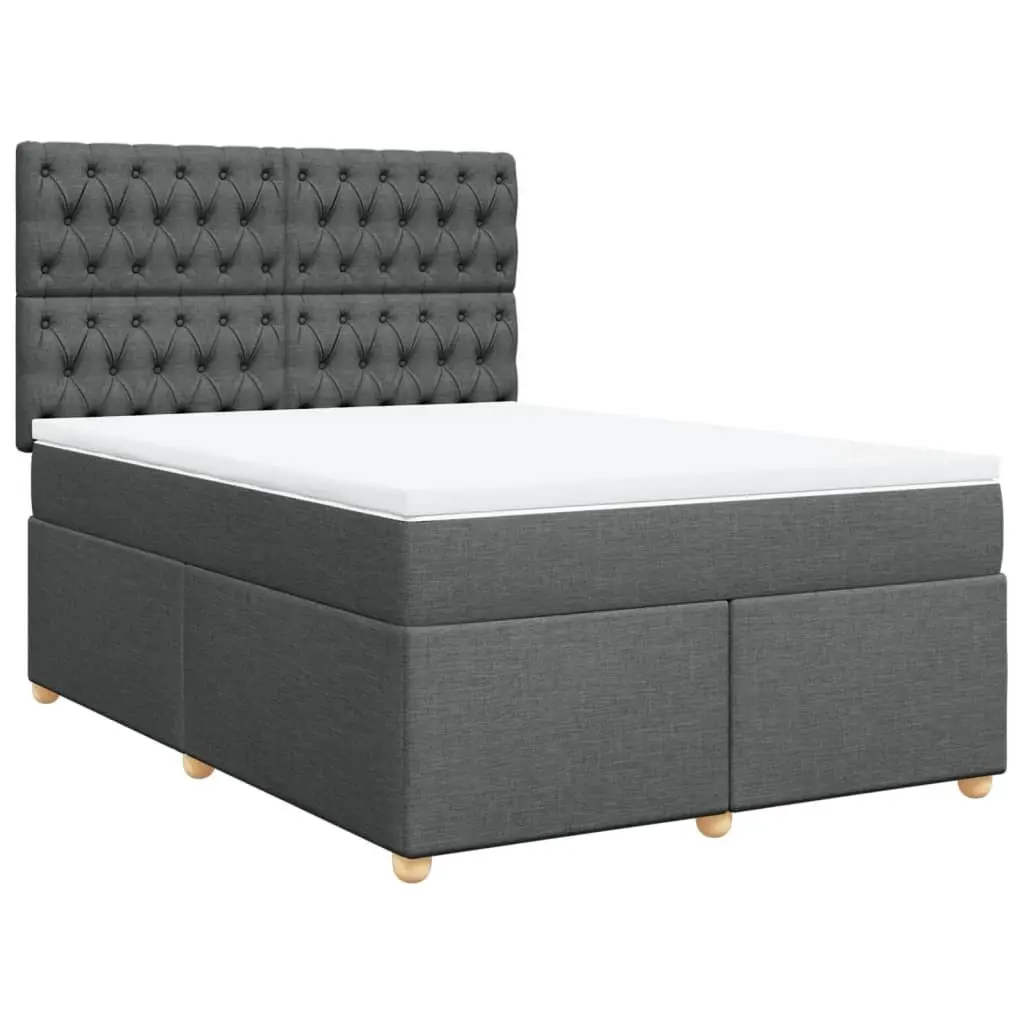Queen Box Spring Bed Frame with Mattress Topper Dark Grey Fabric