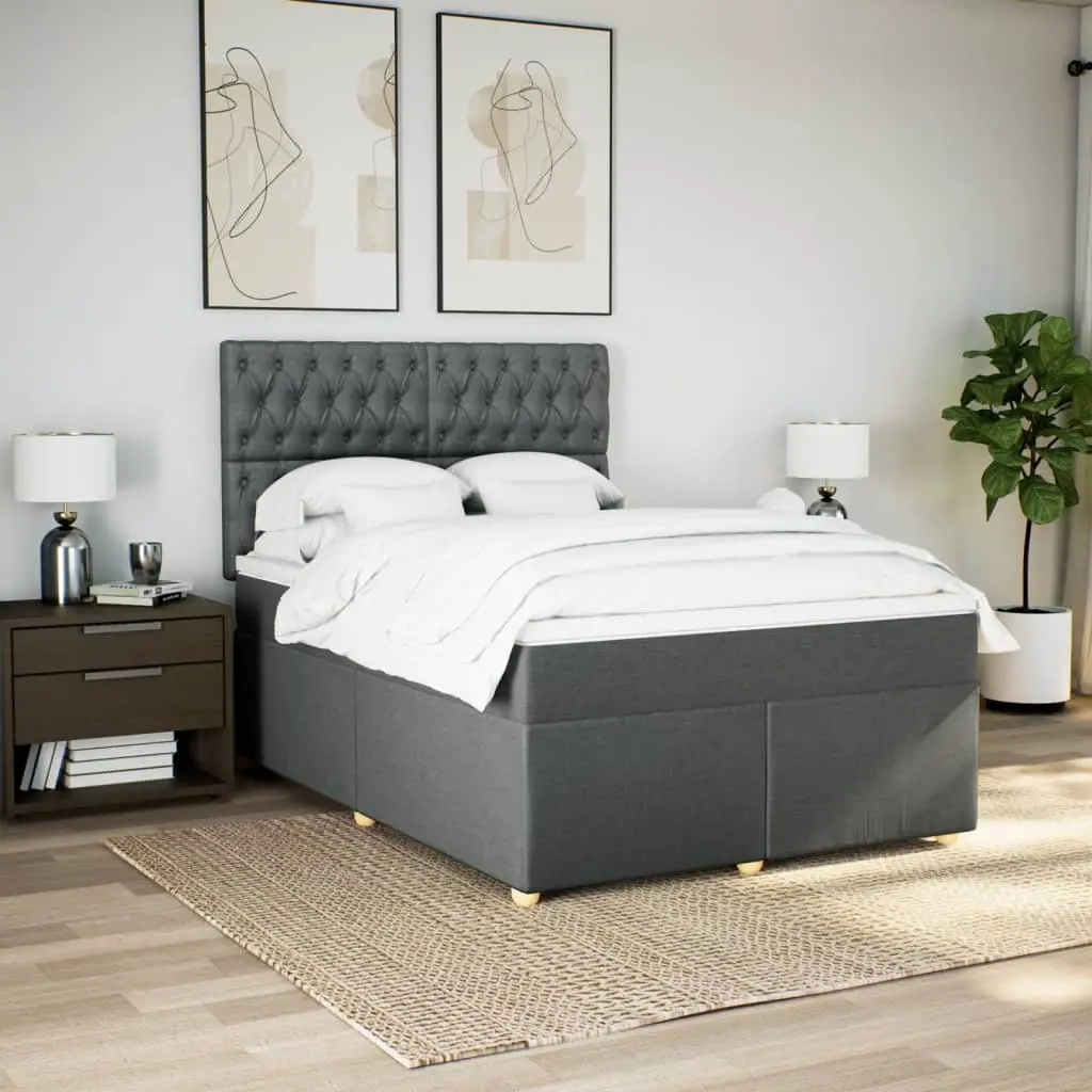 Queen Box Spring Bed Frame with Mattress Topper Dark Grey Fabric