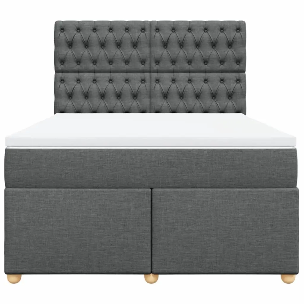 Queen Box Spring Bed Frame with Mattress Topper Dark Grey Fabric