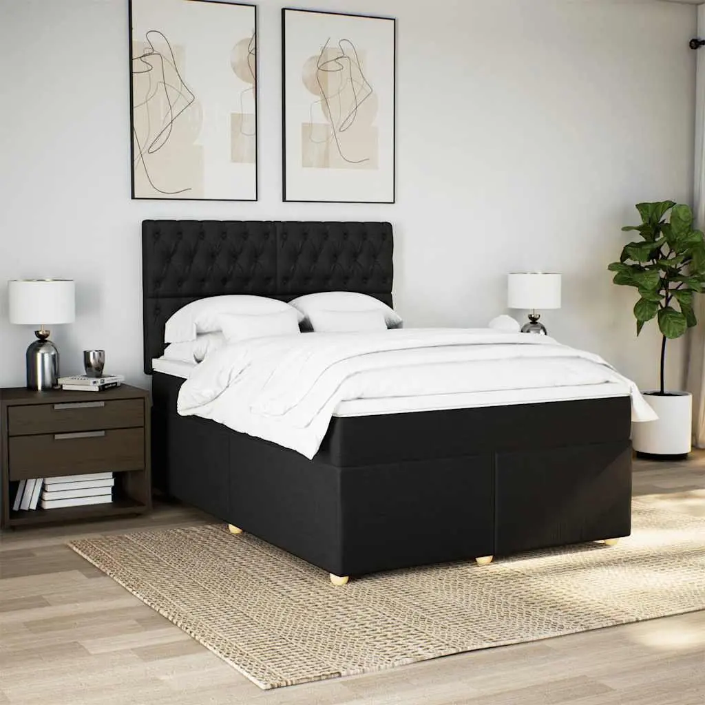 Queen Box Spring Bed with Pocket Mattress Height-Adjustable Headboard Black
