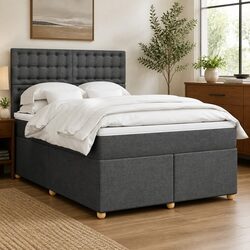 Queen Box Spring Bed with Pocket Mattress Grey Fabric Adjustable Headboard