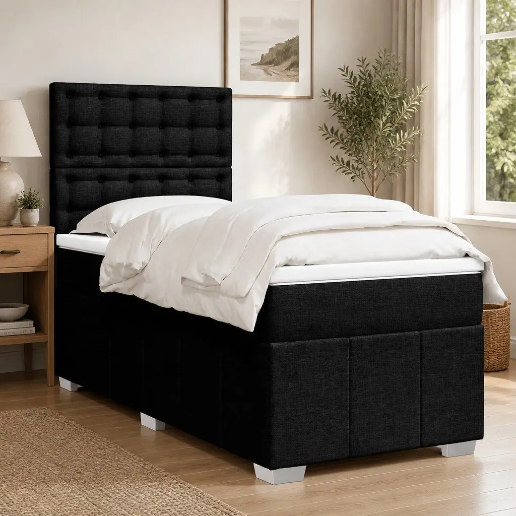 King Single Box Spring Bed Pocket Mattress Height-Adjustable Headboard Black
