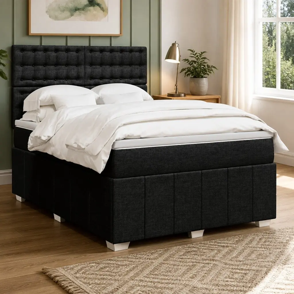 Double Box Spring Bed Pocket Mattress Adjustable Headboard Black Fabric
