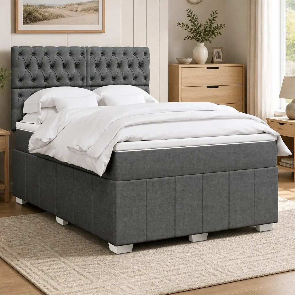Queen Bed with Adjustable Headboard and Pocket Sprung Mattress in Dark Grey Fabric