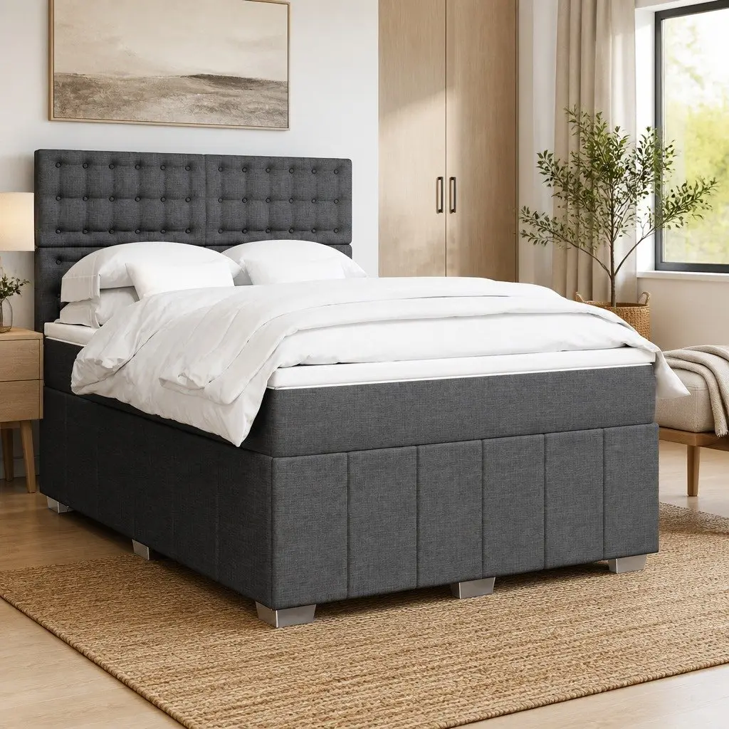 Queen Box Spring Bed with Pocket Sprung Mattress Grey Fabric Adjustable