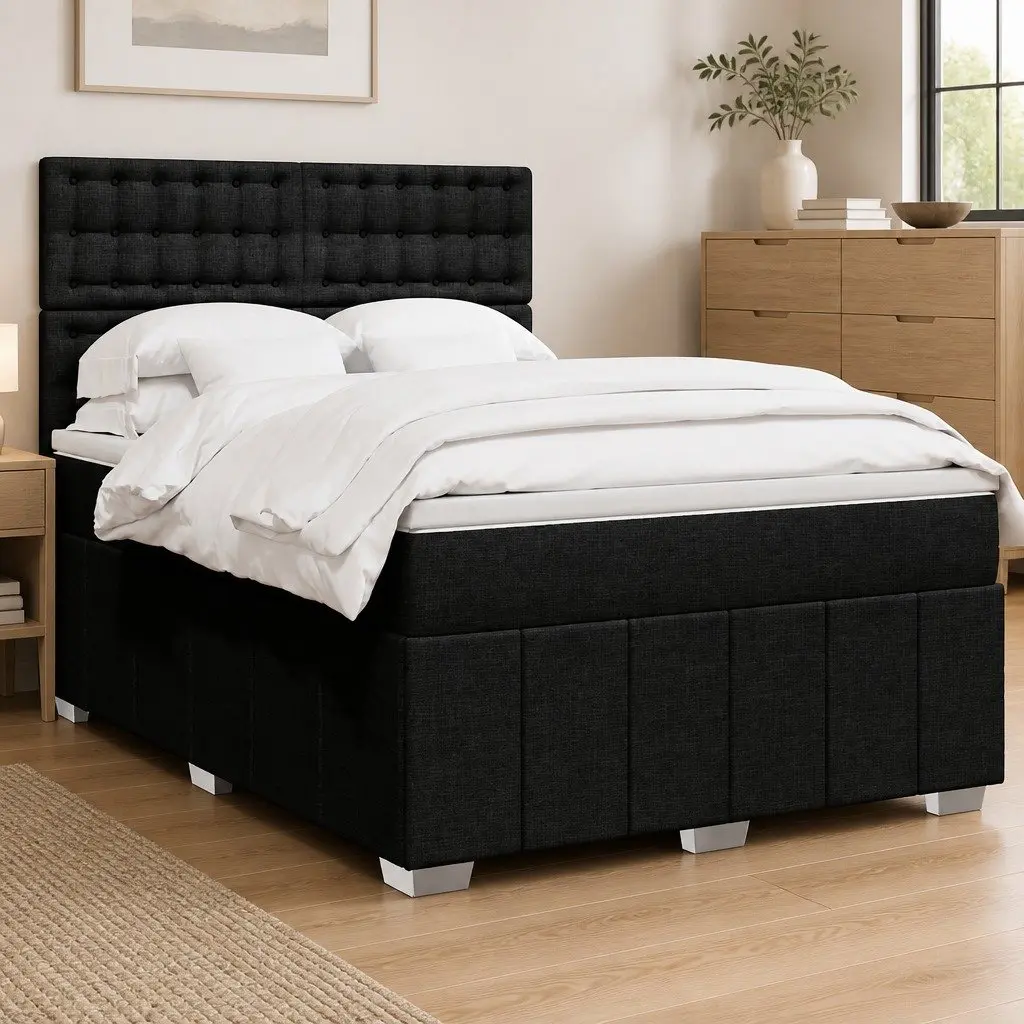 Queen Box Spring Bed with Pocket Mattress Height-Adjustable Headboard Black