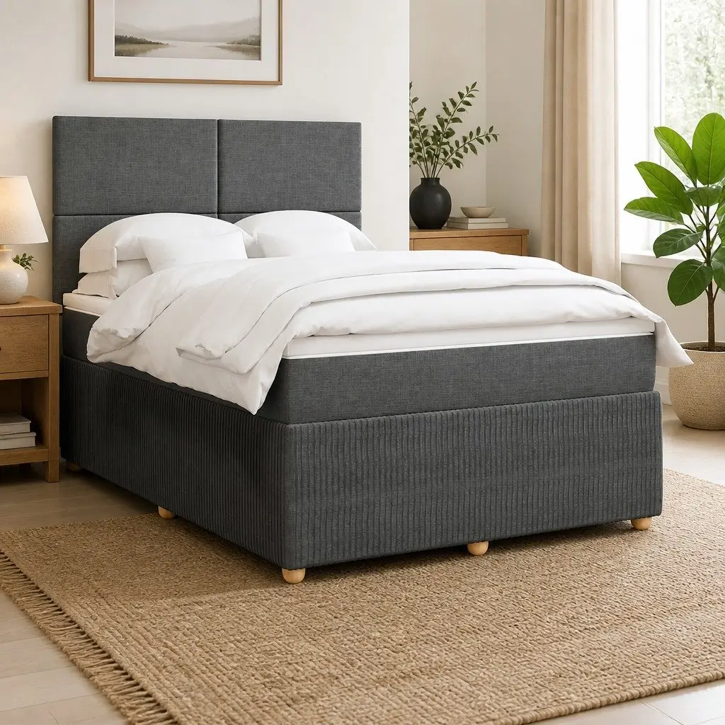 Queen Box Spring Bed Pocket Spring Mattress Adjustable Headboard Grey Fabric