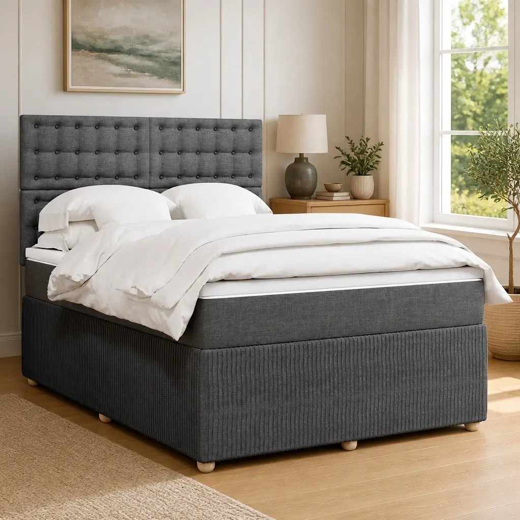Queen Box Spring Bed Adjustable Headboard Pocket Spring Mattress Grey Fabric