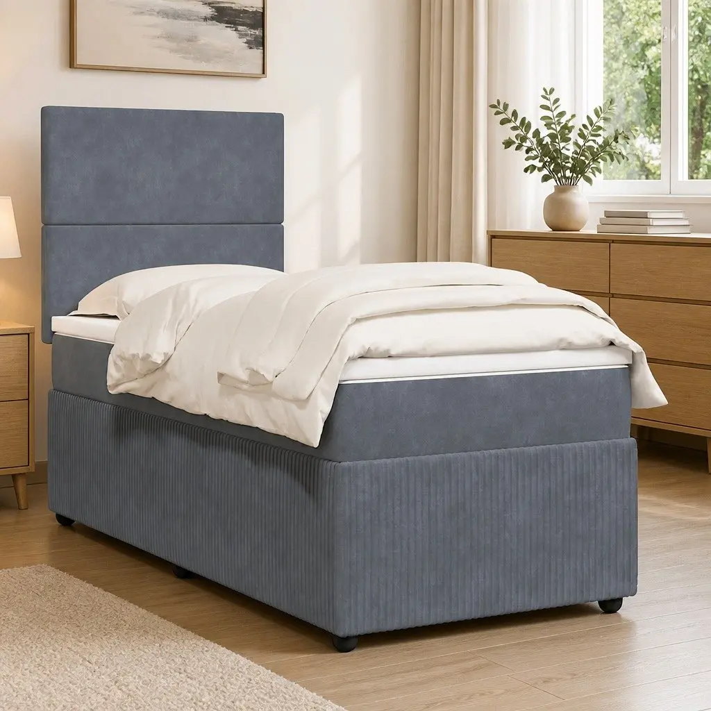 Box Spring Bed with Pocket Spring Mattress King Single Grey Velvet Headboard