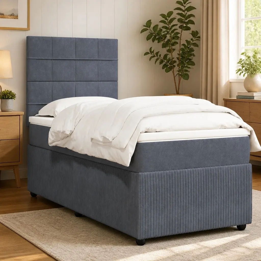 Pocket Spring Mattress Box Spring Bed Grey Velvet King Single with Adjustable Headboard