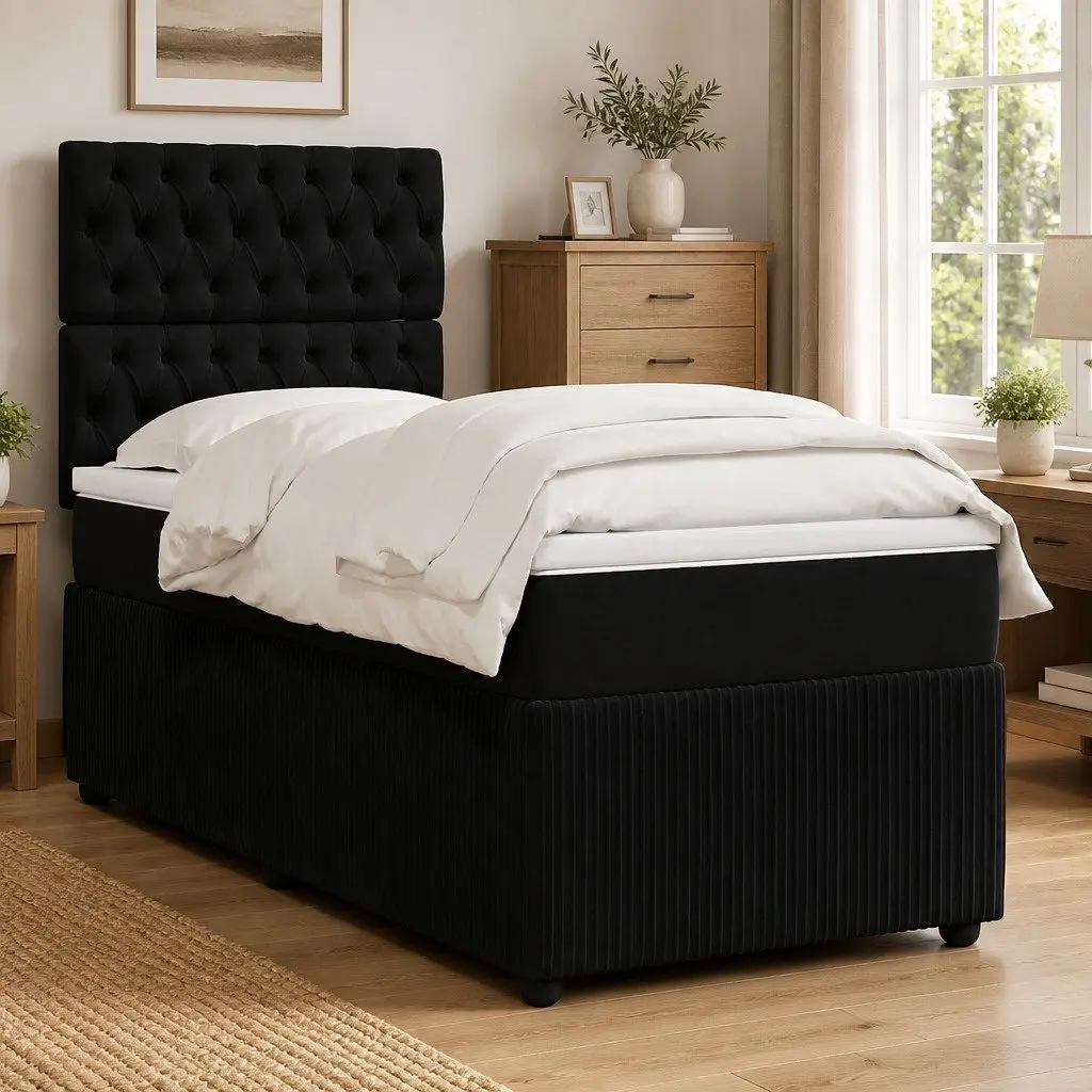 Box Spring Bed Pocket Spring Mattress King Single Black Velvet Height Adjustable Headboard