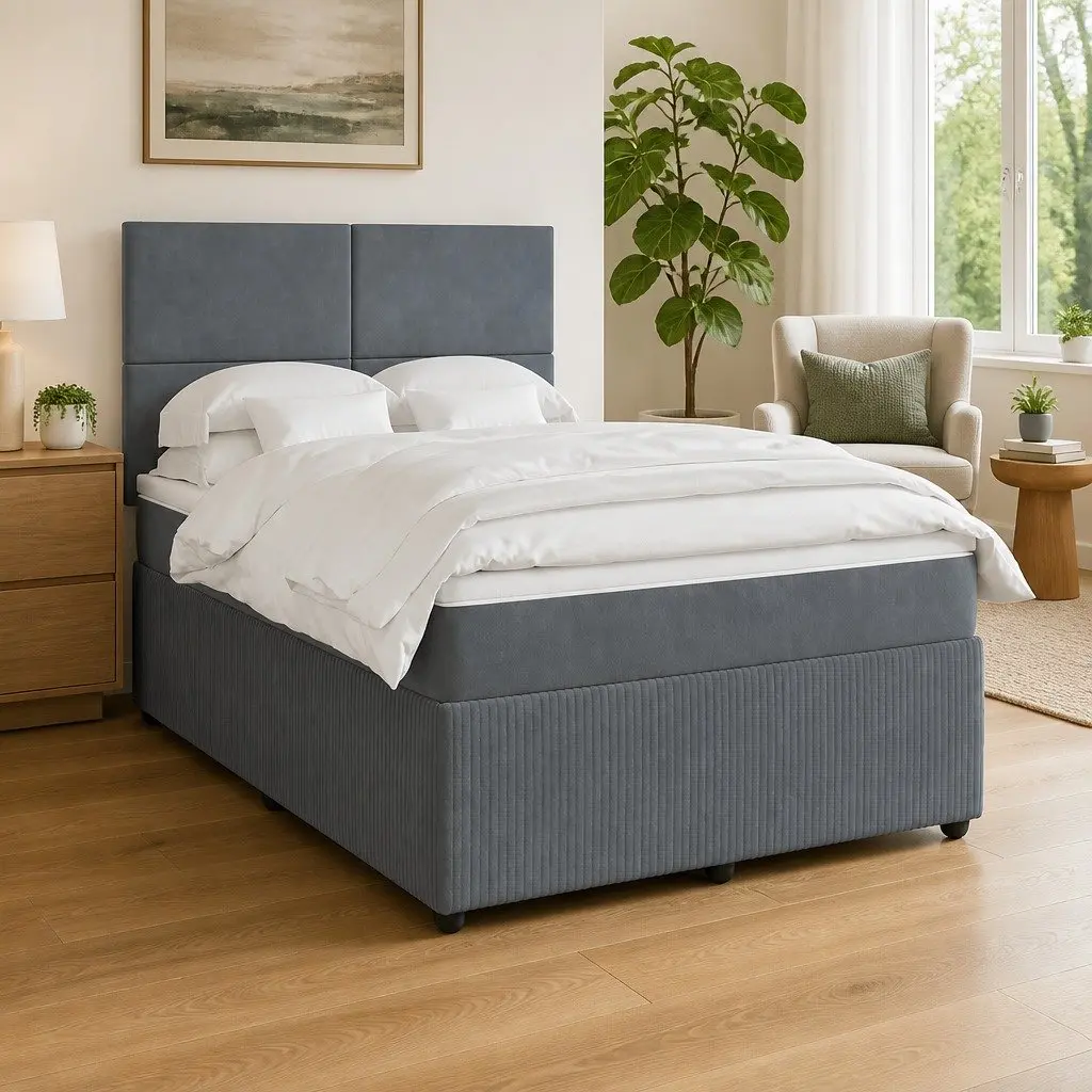 Queen Box Spring Bed Pocket Spring Mattress Adjustable Headboard Grey Velvet