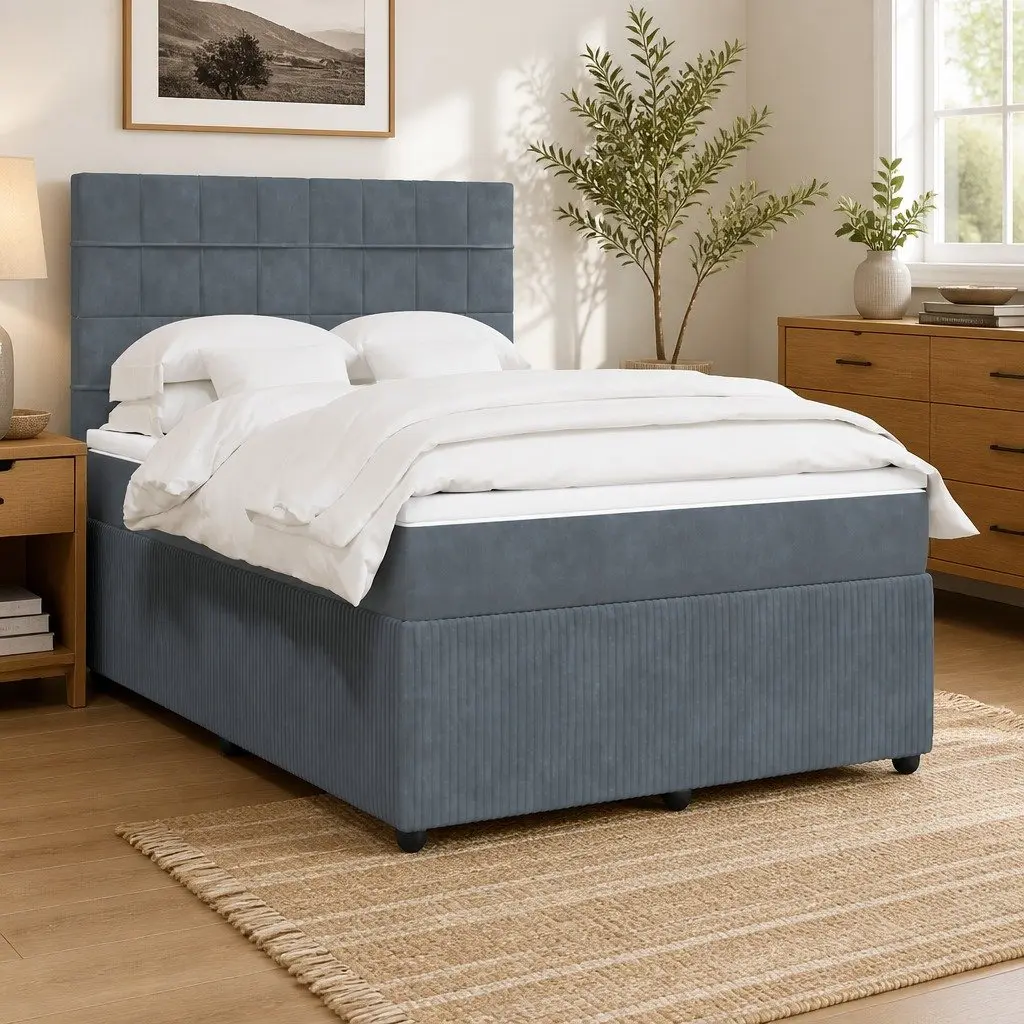 Queen Box Spring Bed Pocket Sprung Mattress Adjustable Headboard Grey Velvet