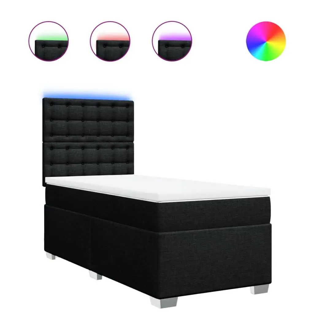 King Single Box Spring Bed with Mattress Black Fabric LED Headboard Bedroom