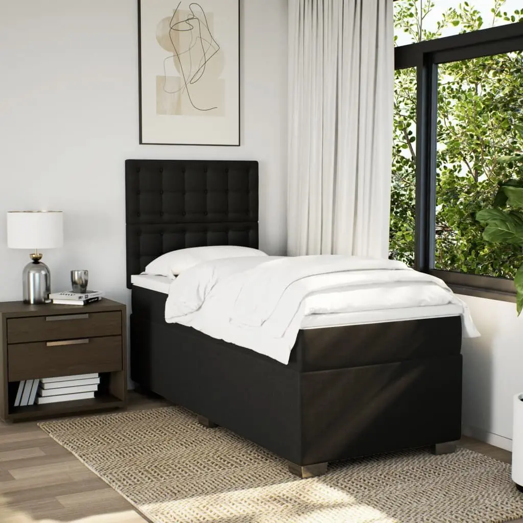 King Single Box Spring Bed with Mattress Black Fabric LED Headboard Bedroom