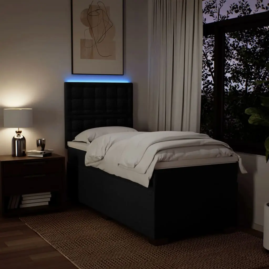 King Single Box Spring Bed with Mattress Black Fabric LED Headboard Bedroom