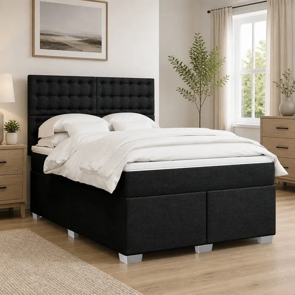 Double Box Spring Bed Pocket Spring Mattress Double Black with Adjustable LED Lights