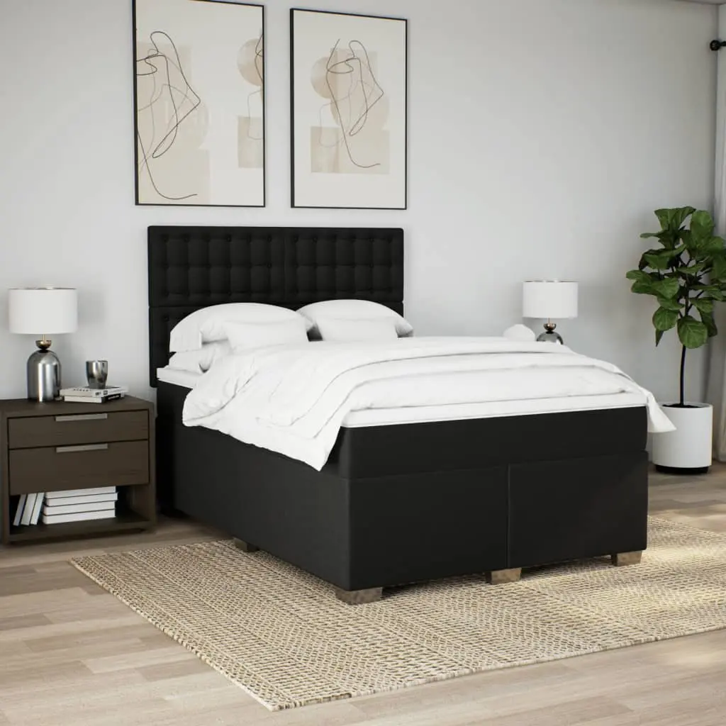 Double Box Spring Bed Pocket Spring Mattress Double Black with Adjustable LED Lights